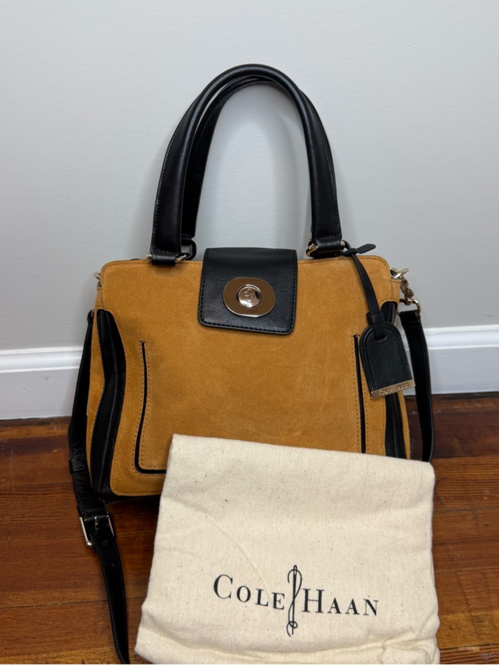 Cole Haan Two-Tone Suede Satchel in Mustard and Black